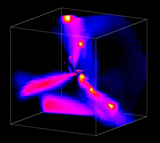 Image zoome de trois courants froids convergents vers le centre d'une galaxie