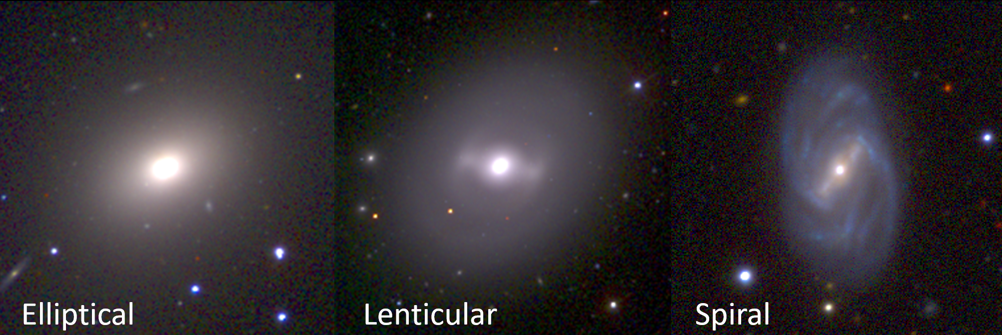Figure 1: The three major types of the Hubble sequence of galaxy morphological types: elliptical, lenticular, spiral. Lenticulars and spirals have a central dense bulge and a surrounding disk, whereas ellipticals are dominated by a bulge-like component.